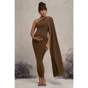 NWT Club L Amaryllis One Shoulder Cape Sleeve Maxi Dress Chocolate Maternity 6